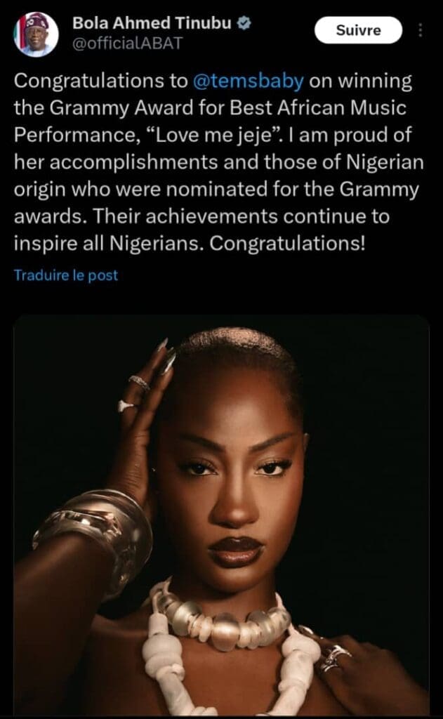 Grammy Awards 2025, Bola Tinubu félicite Tems