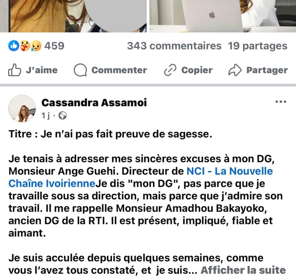 Cassandra Assamoi également tenu à s’excuser auprès de la chanteuse et animatrice Tv Teeyah
