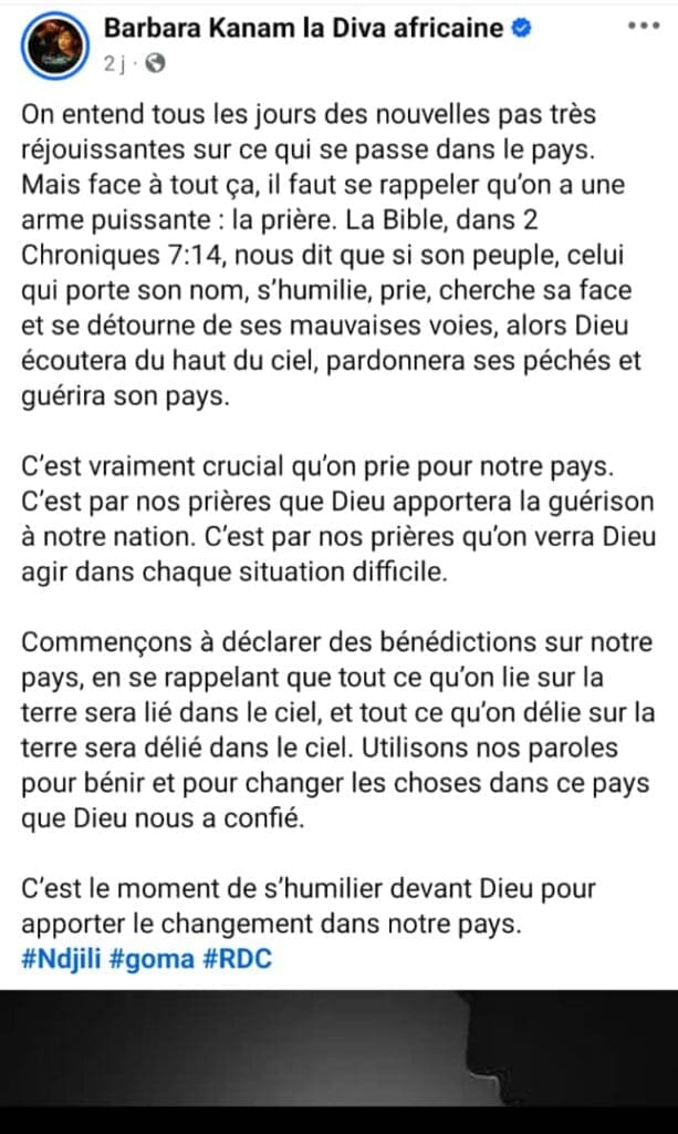  Barbara Kanam s’est exprimée publiquement pour inviter les Congolais à se tourner vers la prière.