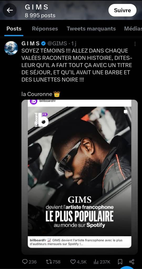 Avec plus de 18 millions d’auditeurs mensuels, GIMS devient l’artiste francophone le plus écouté sur Spotify. Cette performance confirme 
