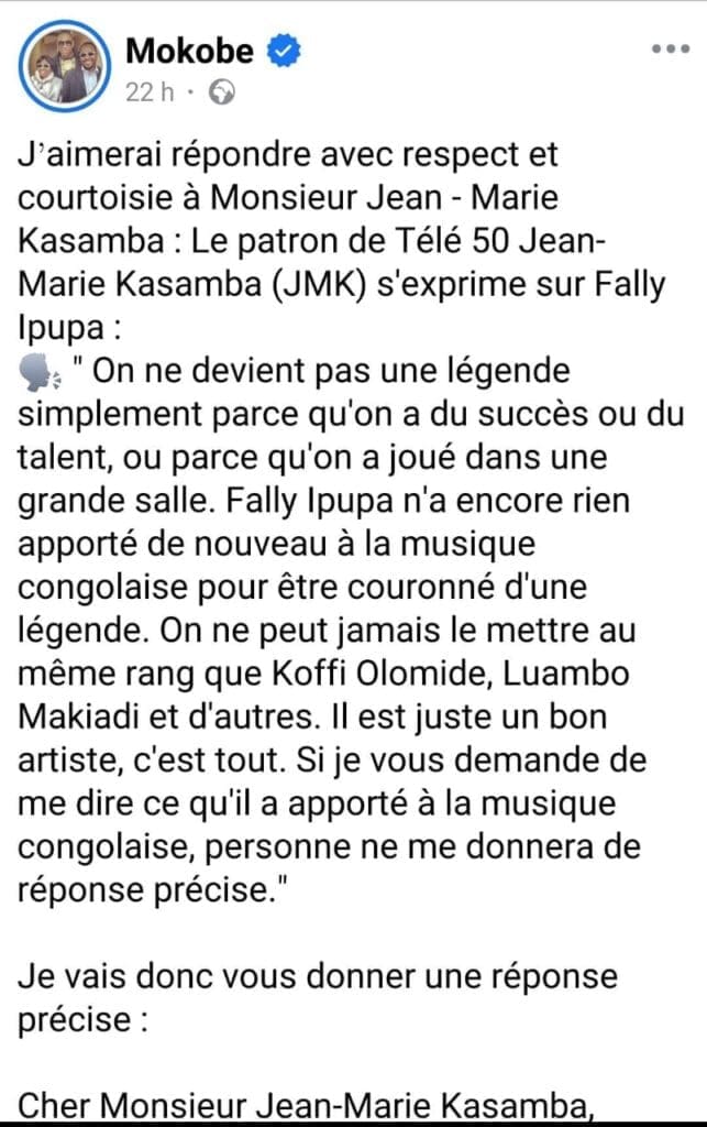 Jean-Marie Kasamba, a récemment déclenché une vive controverse dans le paysage médiatique et musical congolais. Invité sur le plateau de l’émission Club 50,