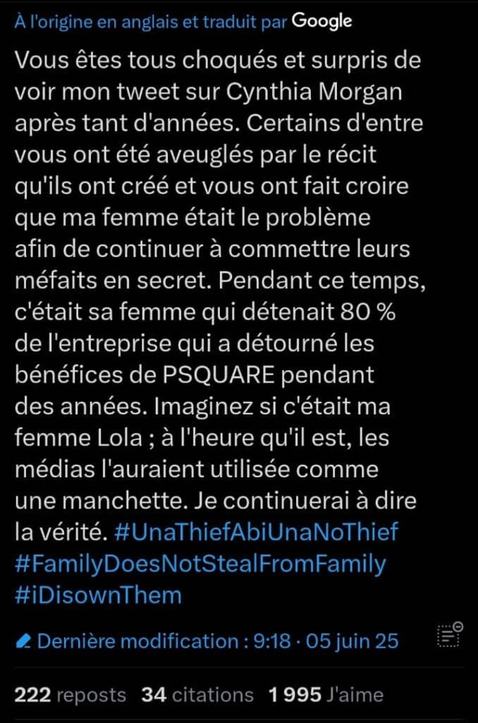 Peter Okoye ravive les tensions familiales