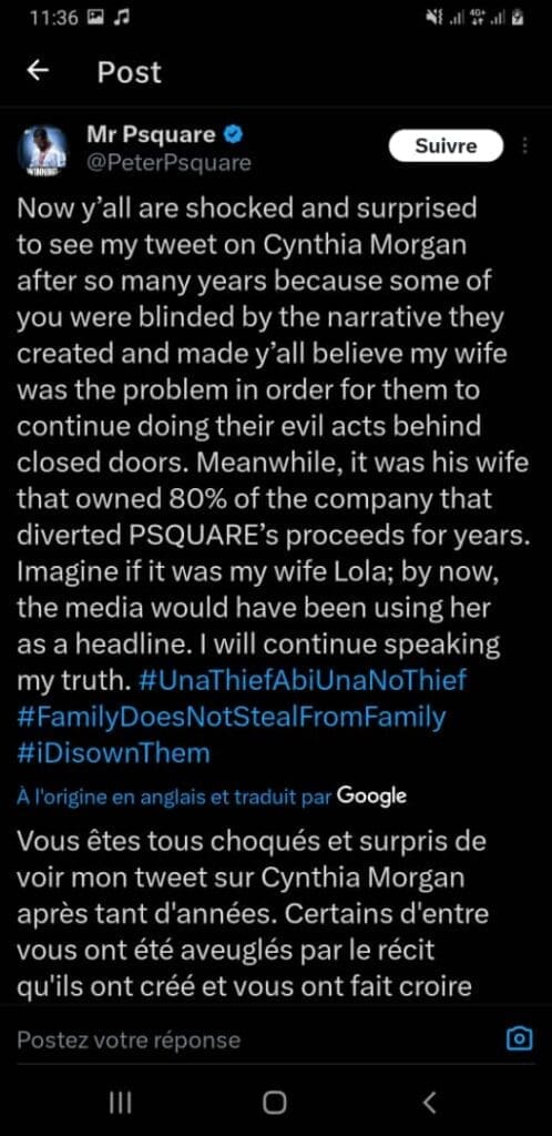Le différend familial entre les frères Okoye est loin de connaître son épilogue. Peter Okoye, connu sous le nom de Mr P,