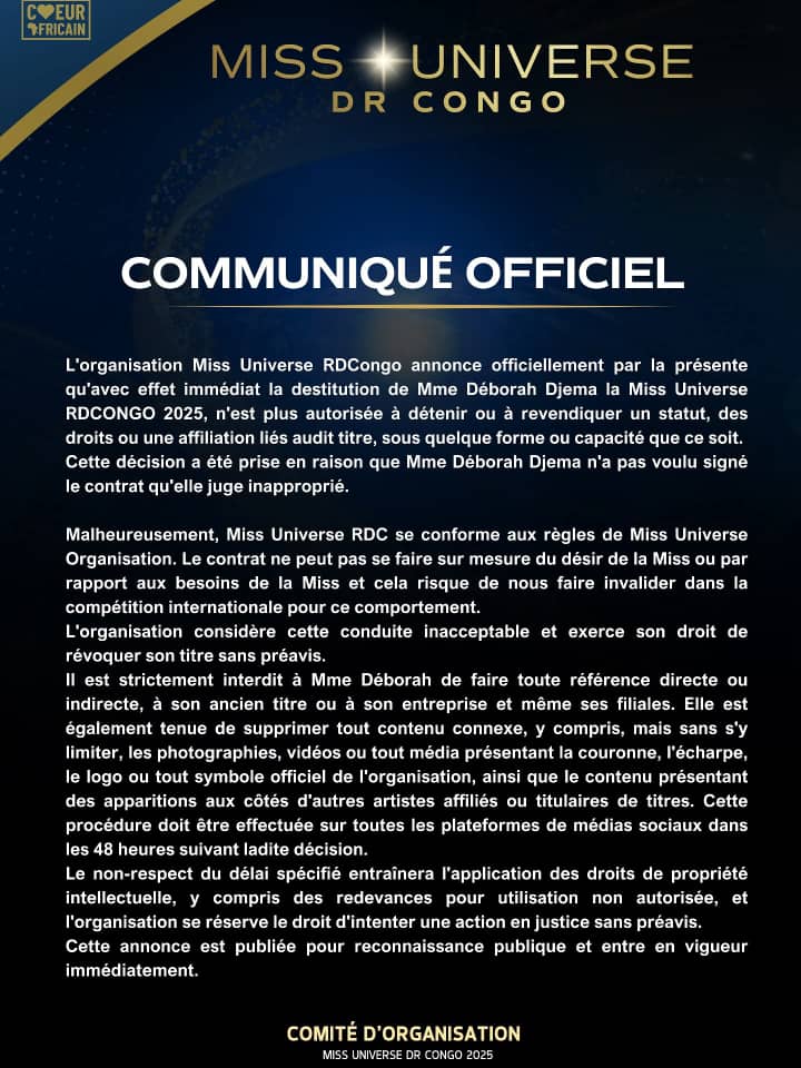 Déborah Djema officiellement destituée de son titre de Miss Universe RDCongo 2025