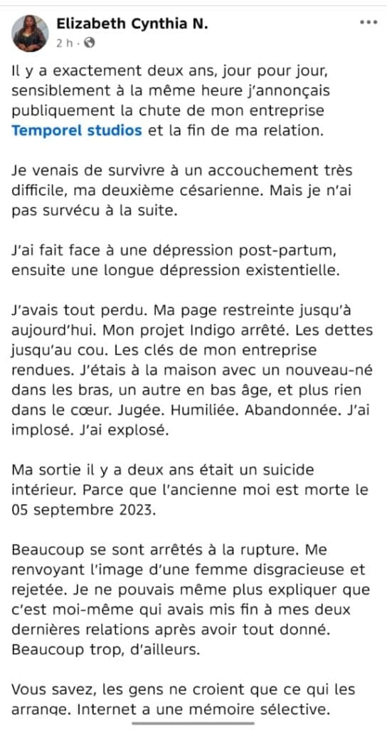 Le 5 septembre 2025, l’actrice et réalisatrice camerounaise Elizabeth Cynthia a surpris ses fans en partageant un long témoignage sur ses 