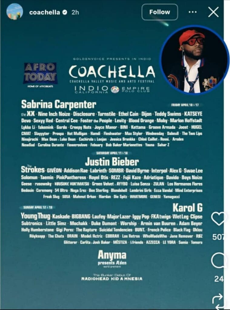 Davido sera la grande tête d’affiche de Coachella 2026. Le chanteur nigérian d’afrobeat, seul représentant de son pays au prestigieux 