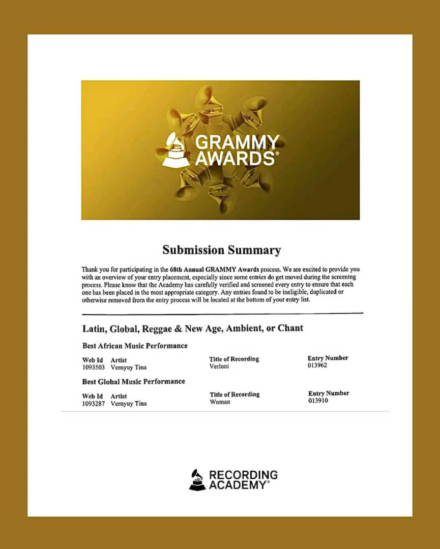 L’étoile montante de la musique camerounaise, Vernyuy Tina, vient de franchir une étape historique : deux de ses titres, Verloni et Woman,