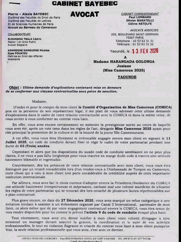 Le Comité d’Organisation de Miss Cameroun (COMICA) hausse le ton face à Josiane Harangada Golonga, Miss Cameroun 2025, dans une